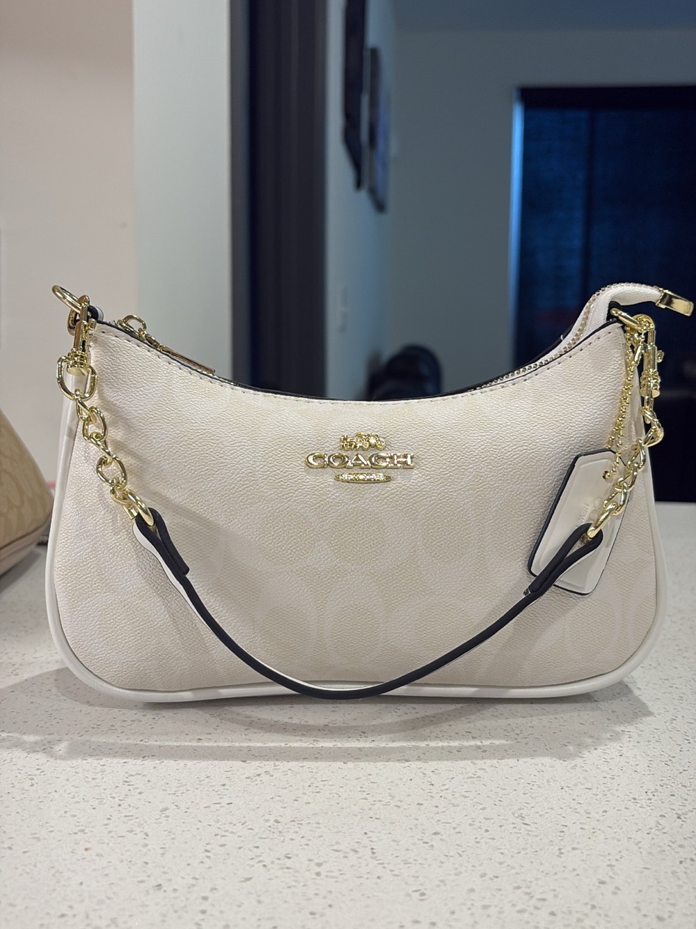 Coach Cream Signature Leather Shoulder Bag with Gold Hardware